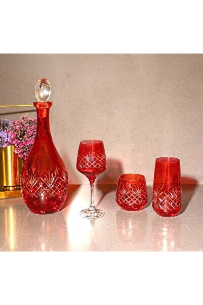 sudeka 37 Parça 12 Kişilik El Dekor Renkli Kristal Kesme Cam Su Takımı