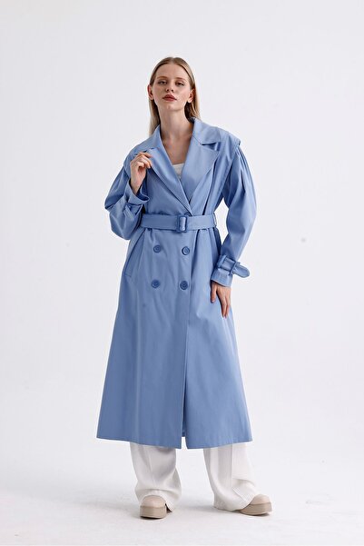 DOLCEBELLA Kadın Kruvaze Fleto Cepli Mavi Trençkot