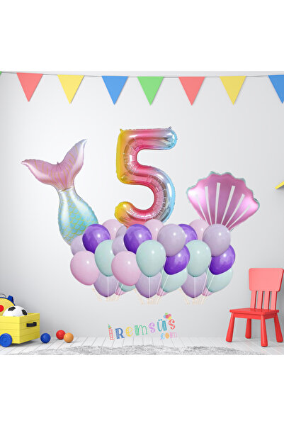 mypartyready 5 Yaş Doğum Günü Partisi Deniz Kızı Konsept Folyo Helyum Balon S...