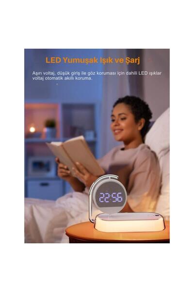 coofbe 3in1 240mah 15w Kablosuz Şarj Ayarlanabilir Led Gece Lambası Masaüstü Dönebilen Çalar Saat