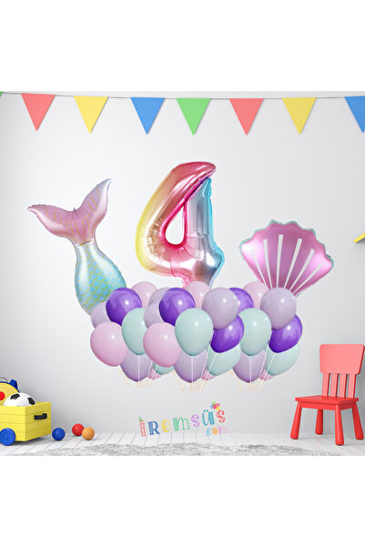 mypartyready 4 Yaş Doğum Günü Partisi Deniz Kızı Konsept Folyo Helyum Balon S...