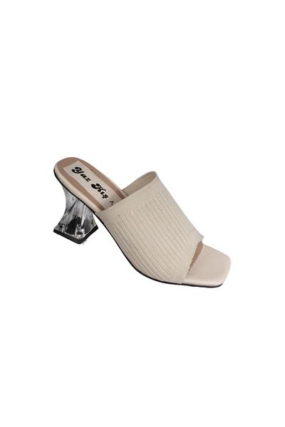 Yaz Kış Ayakkabı YAZKIŞ Women's Black Knitted 8cm Heeled Slippers - Transparent Knitwear