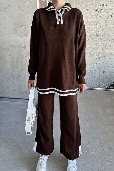 MODAGEN Brown Knitwear Shirt Collar and Button Detailed Set