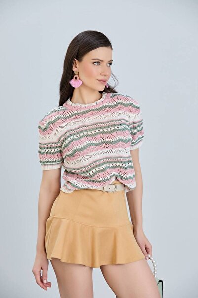 S&A Collectionn Bluză de damă ajurata cu dungi colorate cu mânecă scurtă