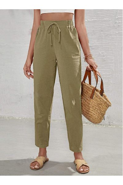 night blue French High Waist Linen Trousers-Khaki