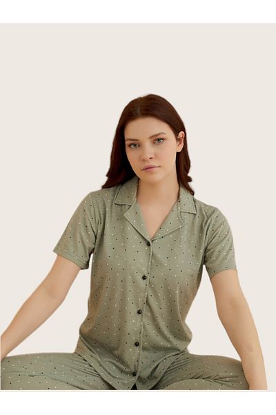 Mihra Women's Short Sleeve Polka Dot Buttoned Pajamas Set