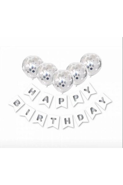 Deniz Party Store White and Transparent Silver Leaf Happy Birthday Balloon Set