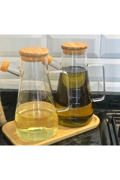 MİMOZA PARK 900 ml Vacuum Borosilicate Oil Bottle with Bamboo Lid - 2 Pcs