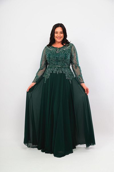 Robes Plus Size Bead Embroidered Chiffon Long Sleeve Evening Dress