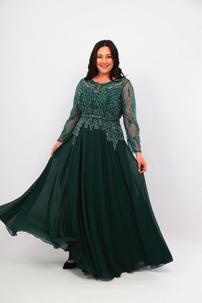 Robes Plus Size Bead Embroidered Chiffon Long Sleeve Evening Dress