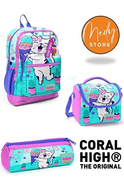 Coral High Turquoise Pink Cat Pattern - 3-Piece School Bag Set with Ice Cream