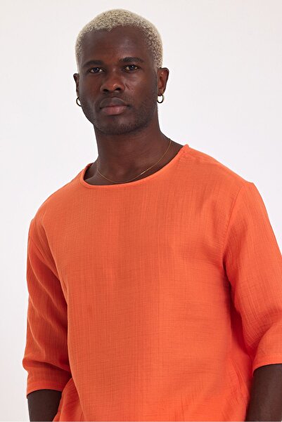 İLKCET MODA Чоловіча футболка з половиною рукава з звичайного льону