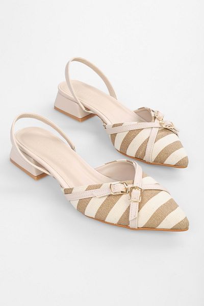 Shoeberry Beige Leinen-Ballerinas für Damen mit Streifen - mit Schnalle
