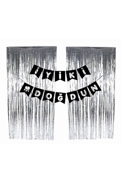 Deniz Party Store 2 Pieces Silver Metallized Black Curtain - 1 Piece Silver Leaf Writing Set
