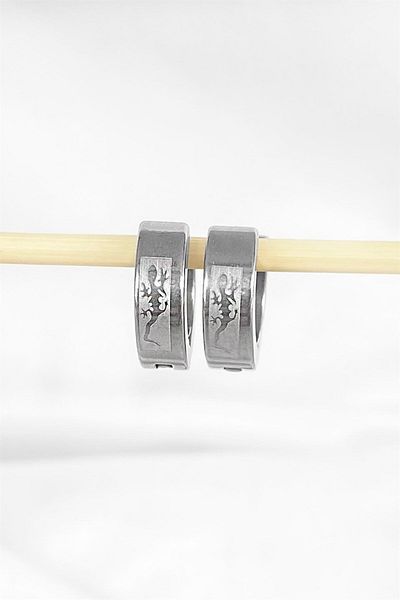 miso aksesuar takı misotrend Unisex Silver Lizard Patterned Steel Hoop EarrinGs - Pair