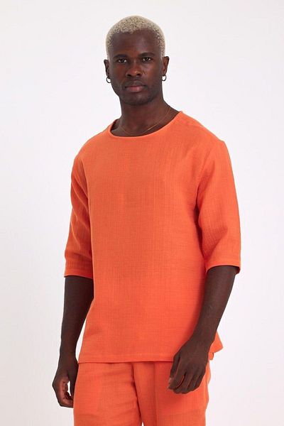 İLKCET MODA Ανδρικό μπλουζάκι με μισό μανίκι κανονικό λινό