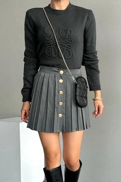 motina Anthracite Women's Oversize Sweater - Crew Neck and Logo Embossed Detail