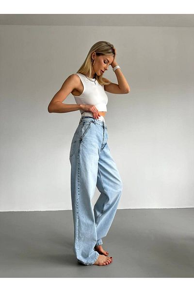 Borceelle Denim albastru deschis talie înaltă, talie elastică pentru confort suplimentar. pantaloni