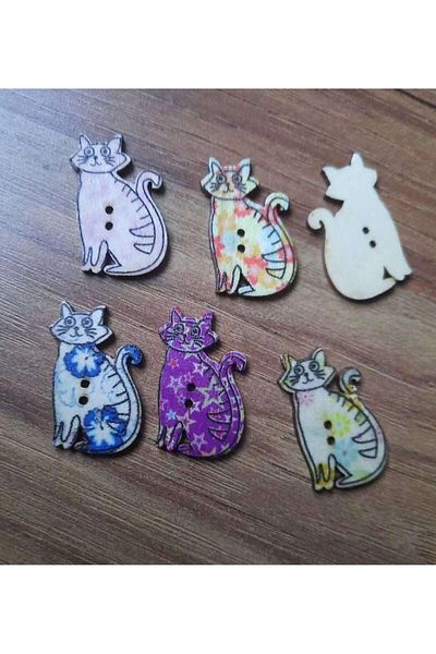 Beyna 3 cm Cat Wooden Button - Two Holes, Mixed Color 1 Pack 12 Pieces