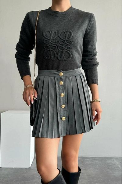 motina Anthracite Women's Oversize Sweater - Crew Neck and Logo Embossed Detail