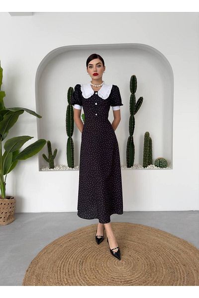 HELİS BUTİK Black Polka Dot Patterned Short Sleeve Poplin Thin Fabric Ruffled Baby Collar Pearl Button Dress
