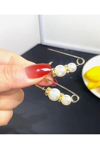 Genel Markalar Taşlı Ve incili iğneli Broş, Sarı Metal Renginde 4 Cm