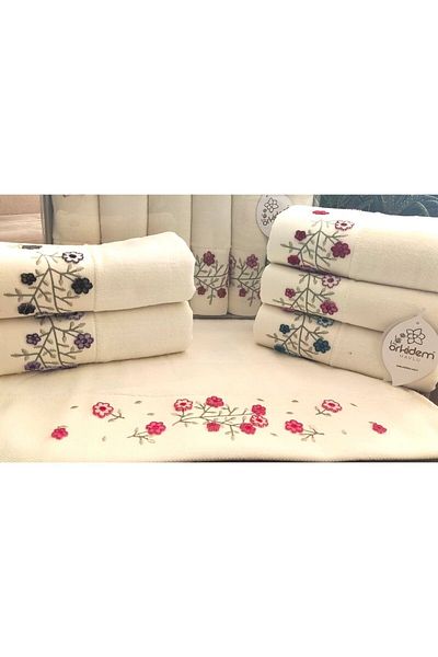 A.Z.H. Mom 50x90 cm - Σετ πετσετών πολυτελείας 6 τεμαχίων με κεντημένο βελούδο προίκα (ανοιχτή κρέμα)