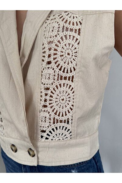 fehika Beige Embroidery Cotton Lace Women's Vest - Laced Design