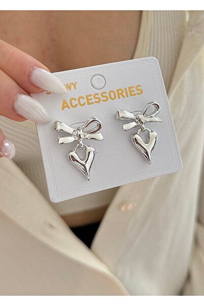 takıtarzım Silver Bow Heart Patterned Earrings