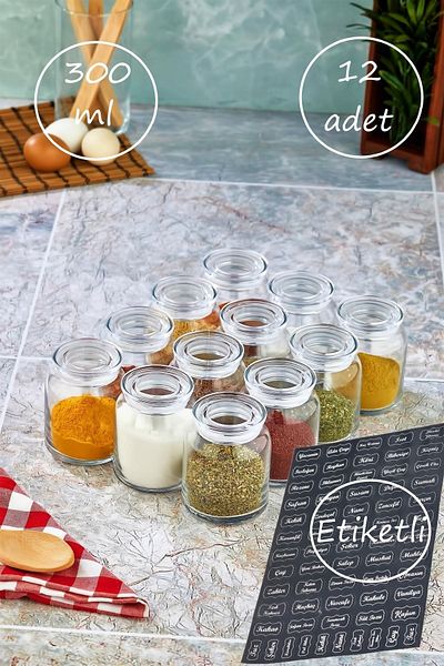 FBZhome 12 Pieces with Label 300 Ml Glass Spice Dispenser Set Jar Transparent Acrylic Lid Storage Container