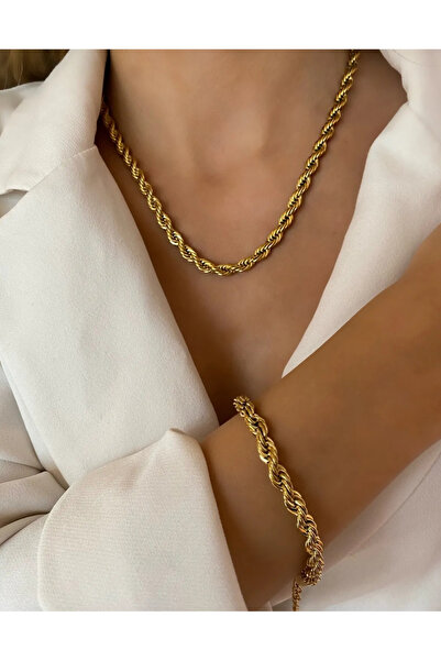 bioaksesuar Kadın Gold Renk 316L Çelik Burgu Kolye ve Bileklik Seti