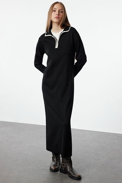 Trendyol Modest Πλεκτό φόρεμα εκρού μαύρο με φερμουάρ - TCTAW25EB00032