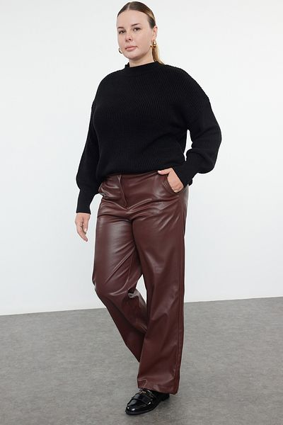 Trendyol Curve Wide Cut Claret Red Faux Leather Woven Trousers