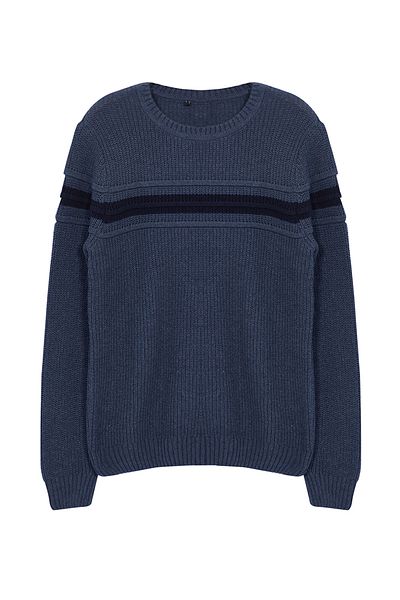 Trendyol Collection Indigo Slim Woolen Gestreifter Strickpullover mit Rundhalsausschnitt TMNAW20KZ1117