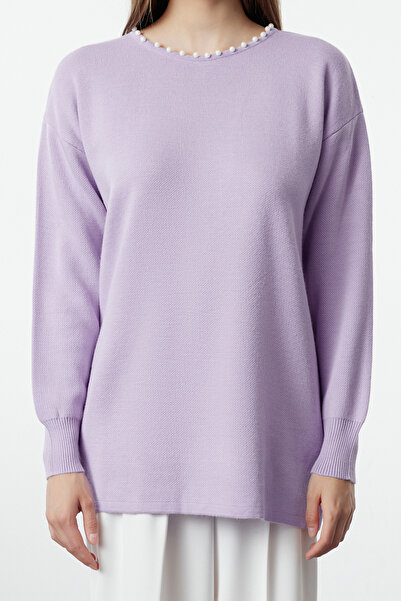 Trendyol Modest Pulover Tricotaj Liliac cu Perle - TCTAW25AK00014