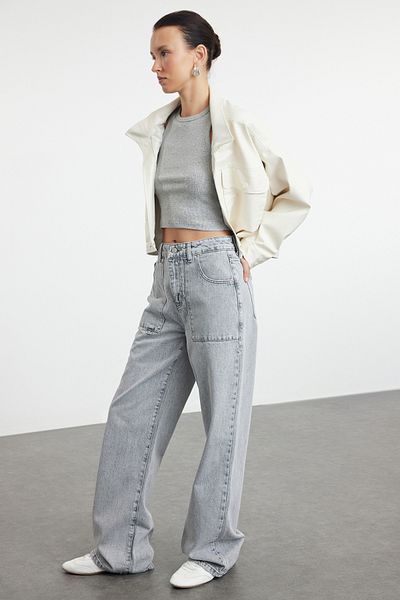 Trendyol Collection High Waist Gray Wide Leg Jeans - Pocket Detailed TWOAW25JE00027