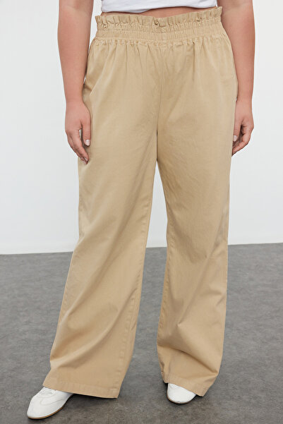 Trendyol Curve Beige Large Size Gabardine Trousers - 100% Cotton, Flexible Elastic, Thick Tbbaw25ar00006
