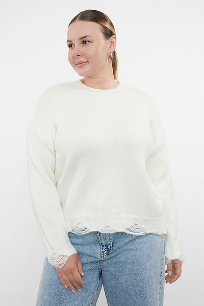 Trendyol Curve Crew Neck Ecru Knitwear Sweater - Destroy Detail, TBBAW25AN00024