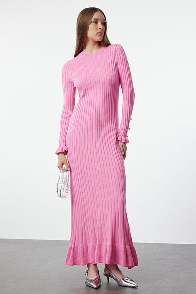 Trendyol Modest Rochie roz cu fustă cu volane, tricotaje cu nervuri TCTAW25EB00016