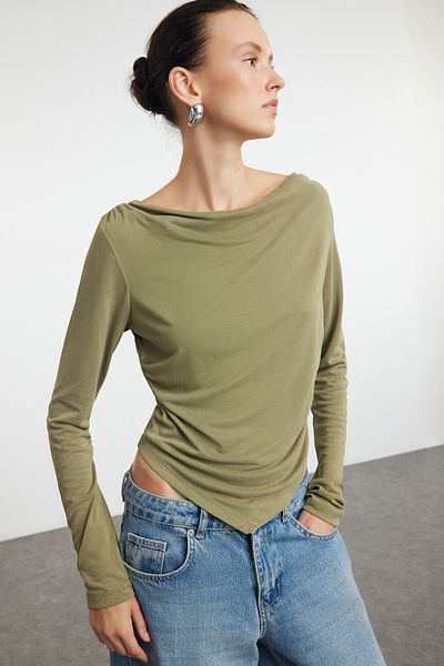 Trendyol Collection Πράσινη ασύμμετρη ντραπέ μπλούζα - Modal ύφασμα, γιακάς Degaje, με επένδυση TWOAW25BZ00031