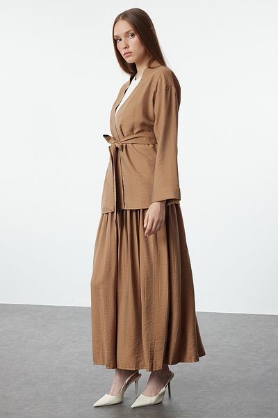 Trendyol Modest Belted Camel Kimono and Pleated Skirt Set - TCTSS24US00086