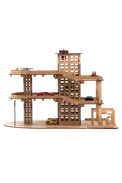 Uçandaire Natural Wood Paintable 3-Storey Car Parking Lot with Elevator 66 Pieces Wooden Puzzle Hobby Toy
