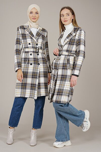 Markosin معطف نسائي مبطن منقوش باللون الأزرق الداكن