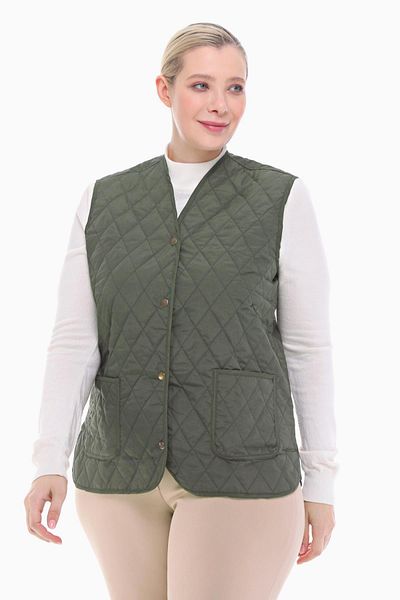 VETRE Women's Large Size Plaid Khaki Quilted Vest 1037