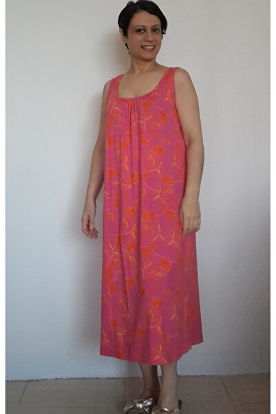 Mertcan Butik Pink Orange Patterned - Gathered Viscose Strap Dress