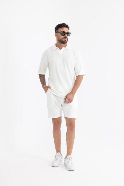 comstar Men's Basic Polo Neck T-Shirt Shorts White Double Set