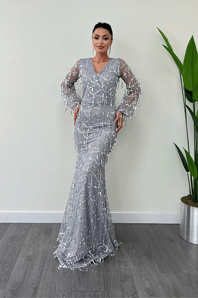 giyimmasalı Sequin Fringed Design Dress - Gray