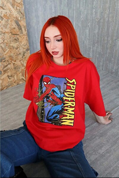 1blood تي شيرت بتفاصيل شخصية سبايدرمان للجنسين باللون الأحمر