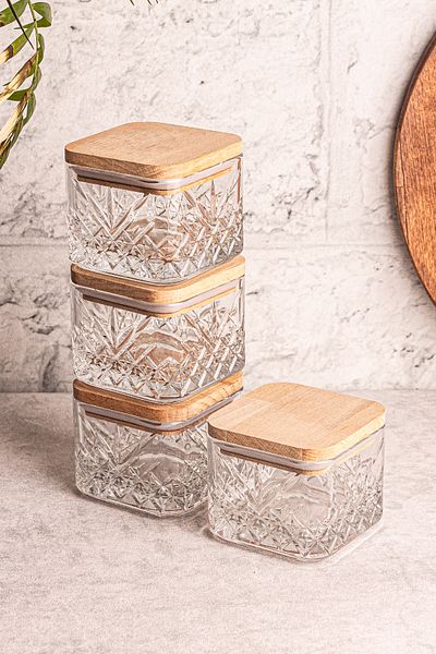 Snippy Milla Soft Square - 4-Piece Wooden Vacuum Glass Breakfast Snack Bowl 230 ml