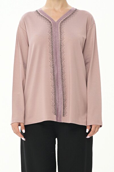 BURSPA Bluză din bumbac pieptănat, roz pudrat, brodate cu piatră, cu modele W...